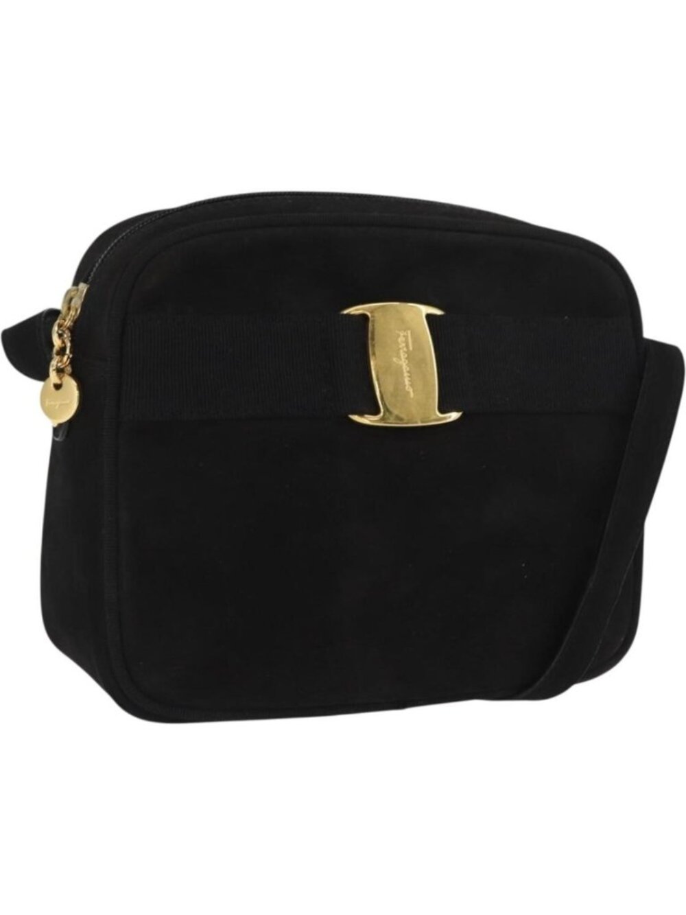 Salvatore Ferragamo Vala Shoulder Bag Suede Black Gold